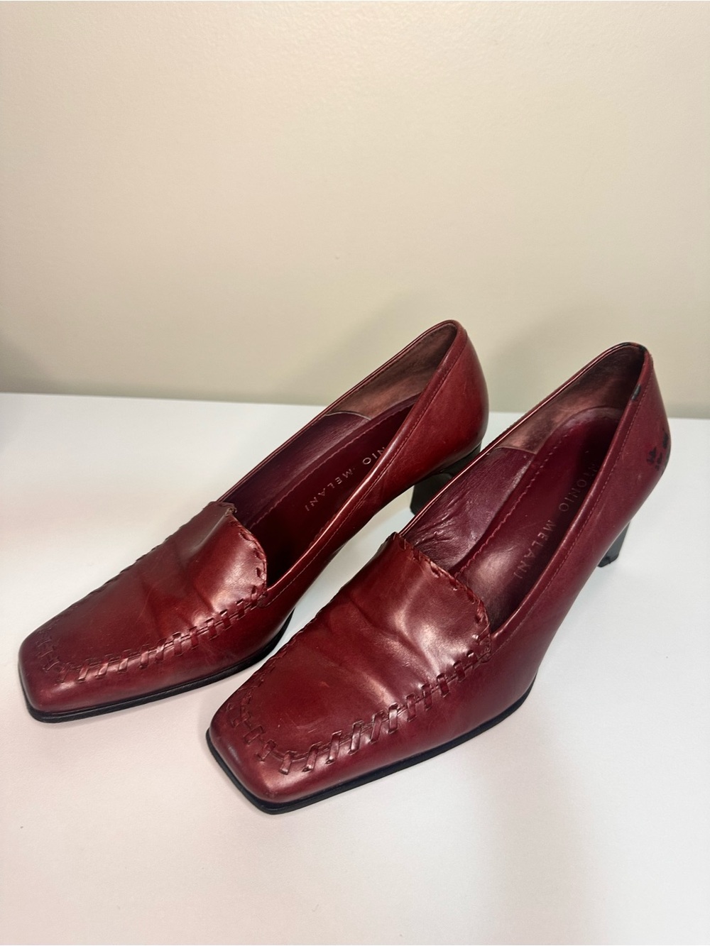 ANTONIO MELANI Burgundy Leather Square-Toe Heeled Loafers